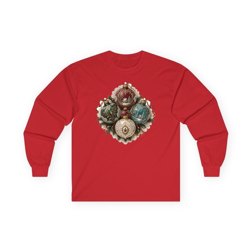 Victorian Glass Ornaments personalised long sleeve Christmas T-shirt in red