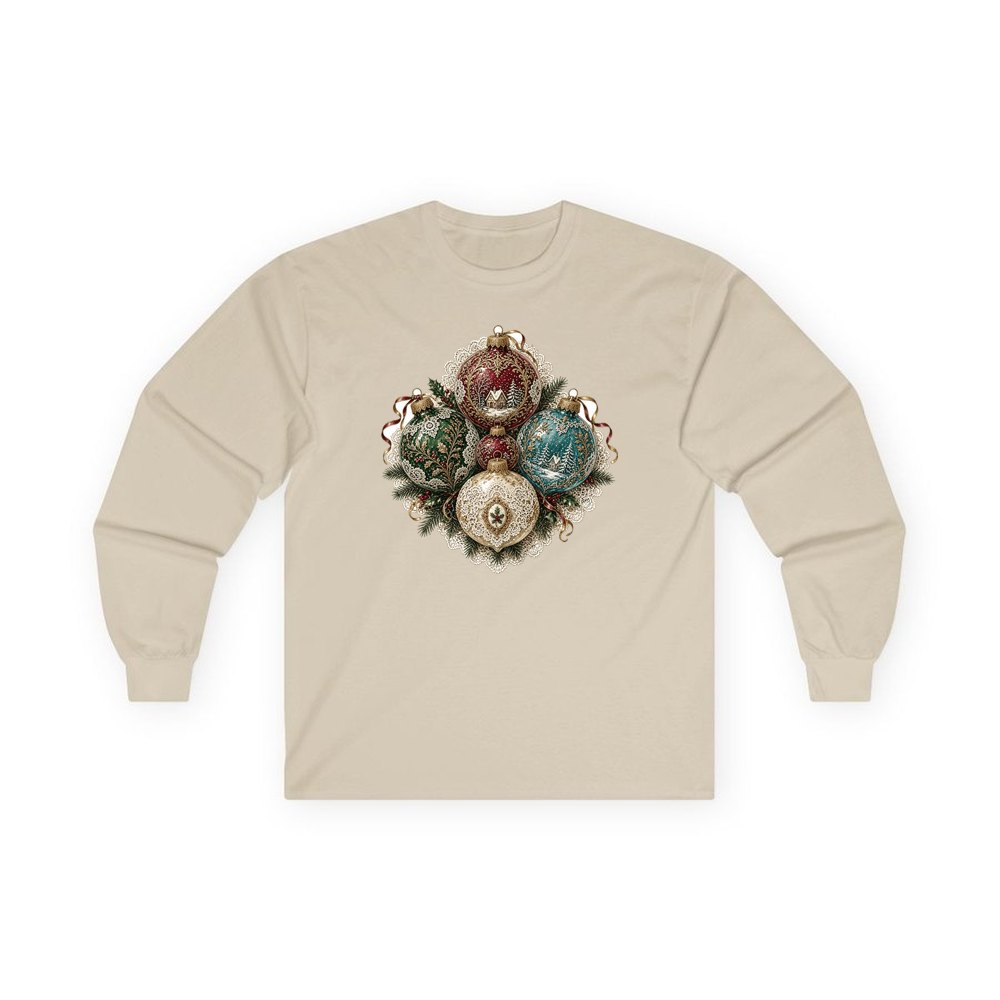 Victorian Glass Ornaments personalised long sleeve Christmas T-shirt in sand