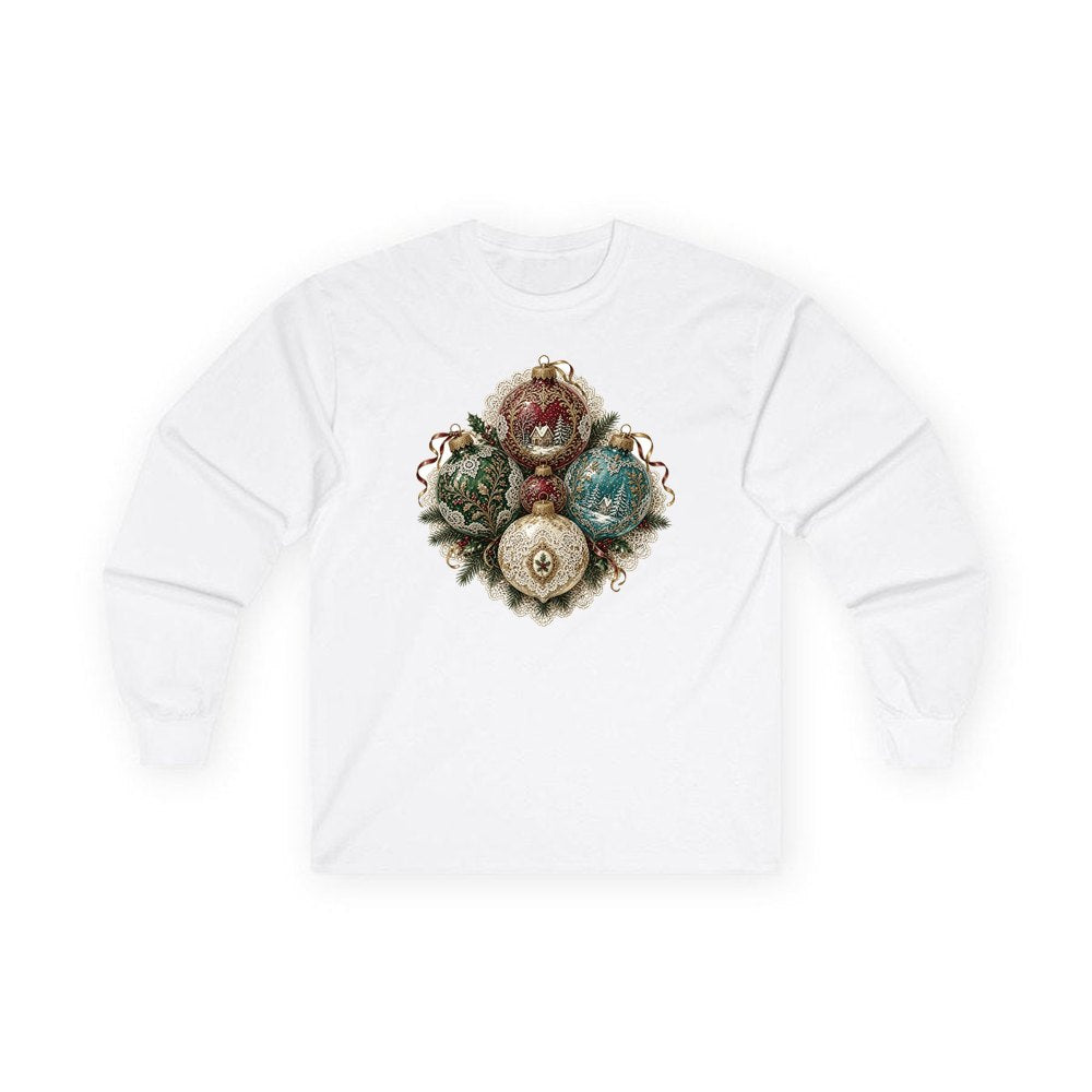 Victorian Glass Ornaments personalised long sleeve Christmas T-shirt in white