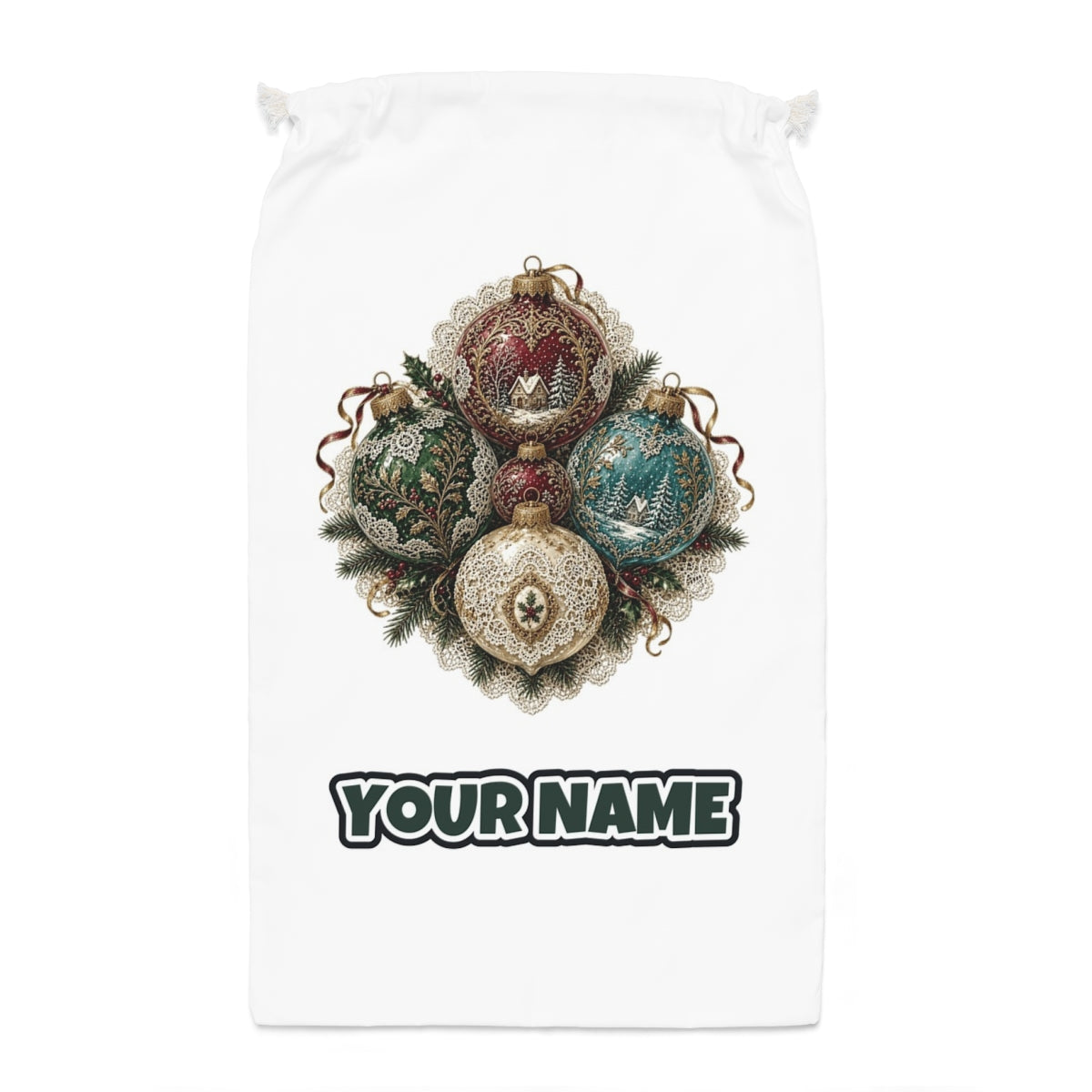 Victorian Glass Ornaments Santa sack laid flat, showing the full print