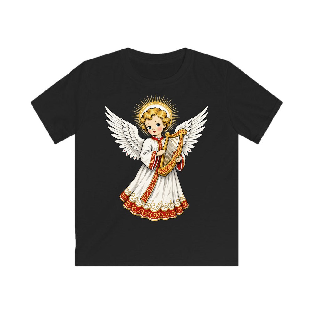 Vintage Angel With Harp personalised kids Christmas tee in black