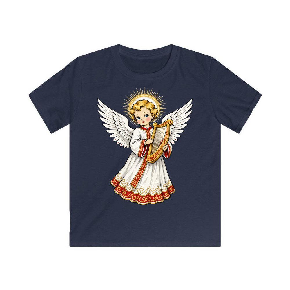 Vintage Angel With Harp personalised kids Christmas tee in navy