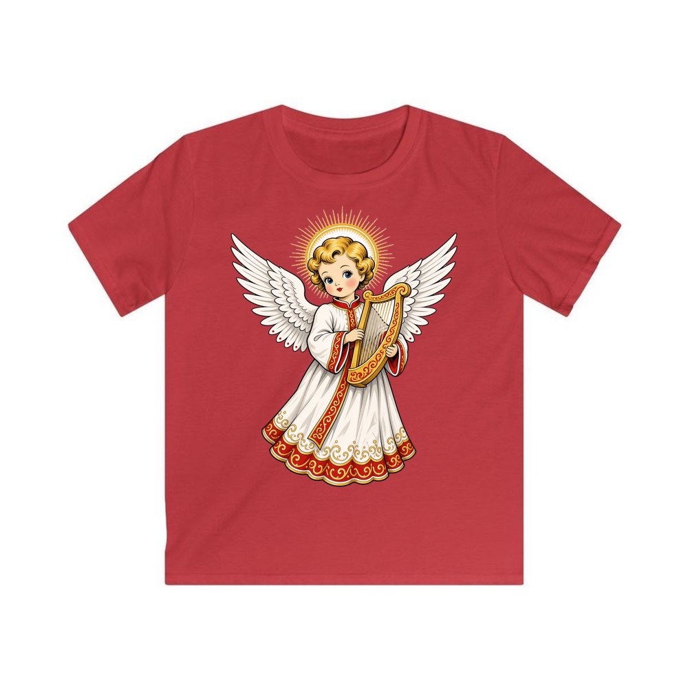 Vintage Angel With Harp personalised kids Christmas tee in red