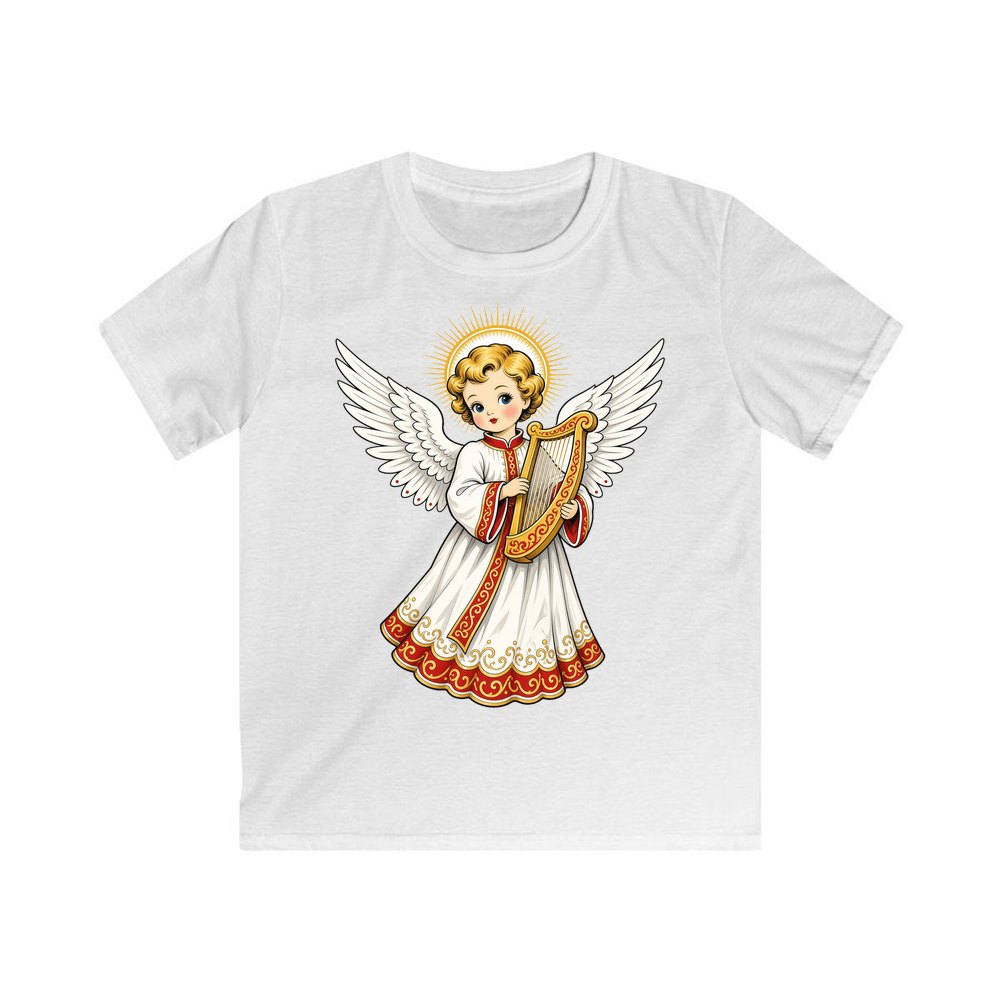 Vintage Angel With Harp personalised kids Christmas tee in white