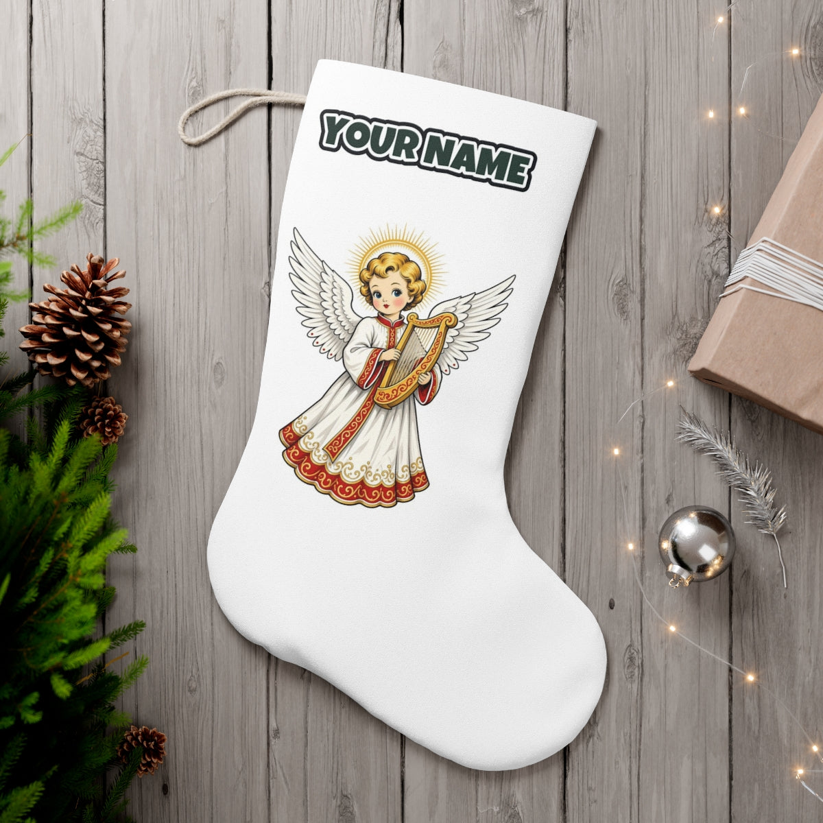 Vintage Angel With Harp personalised Christmas stocking, white, with the name across the top