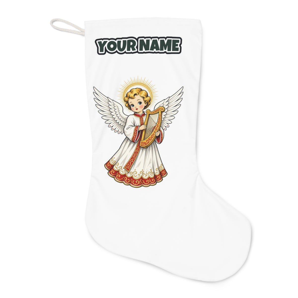 Vintage Angel With Harp Christmas stocking laid flat, showing the full print