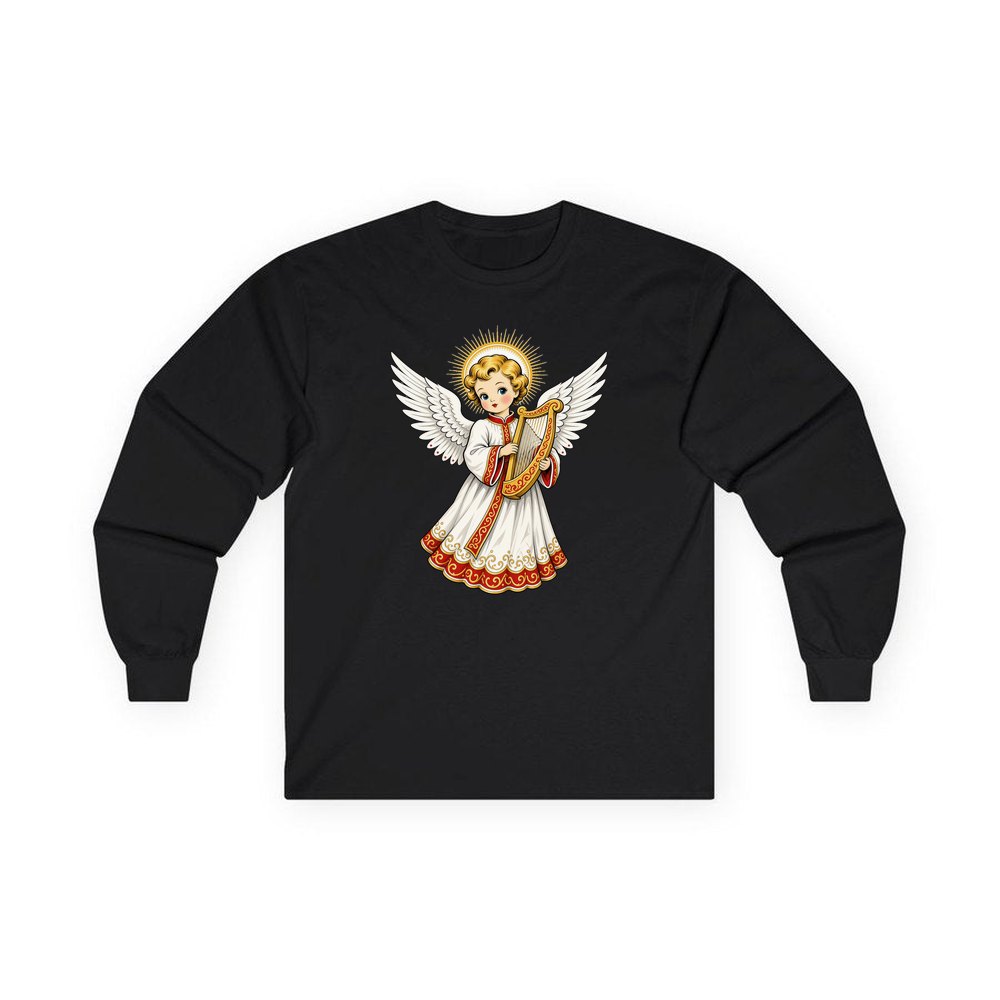 Vintage Angel With Harp personalised long sleeve Christmas T-shirt in black