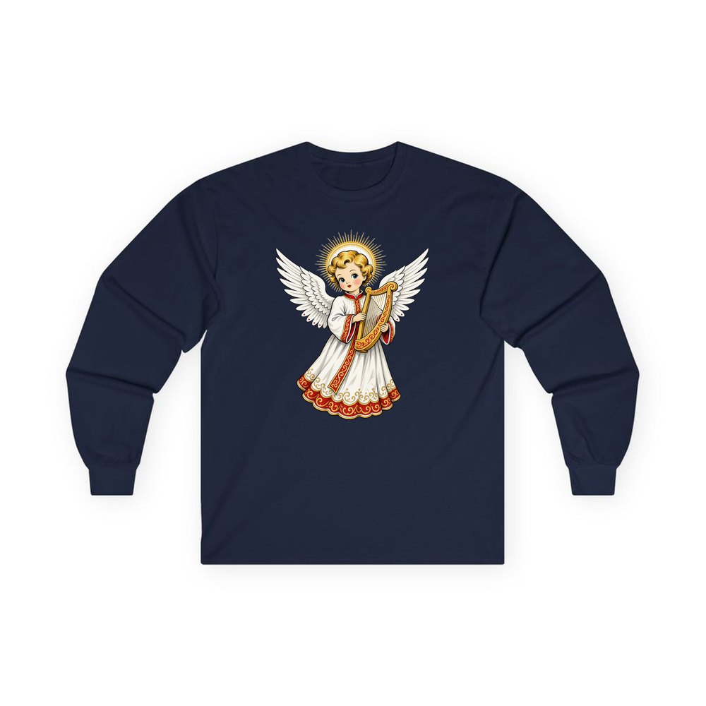 Vintage Angel With Harp personalised long sleeve Christmas T-shirt in navy