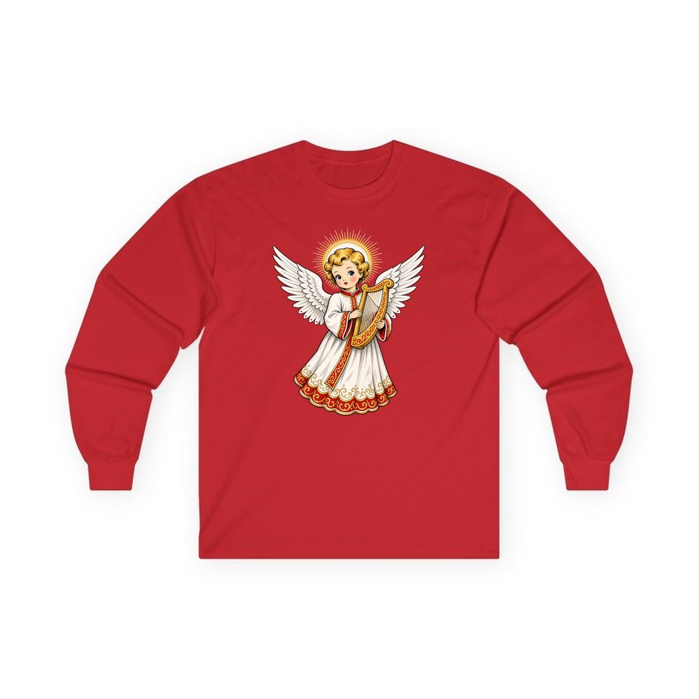 Vintage Angel With Harp personalised long sleeve Christmas T-shirt in red