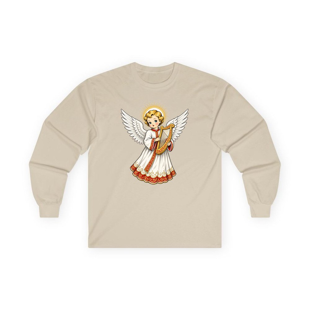 Vintage Angel With Harp personalised long sleeve Christmas T-shirt in sand