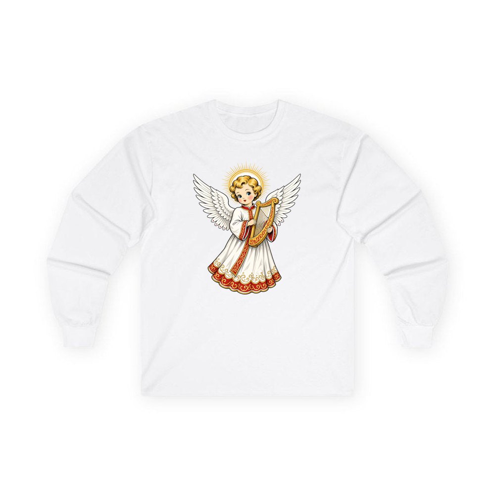 Vintage Angel With Harp personalised long sleeve Christmas T-shirt in white