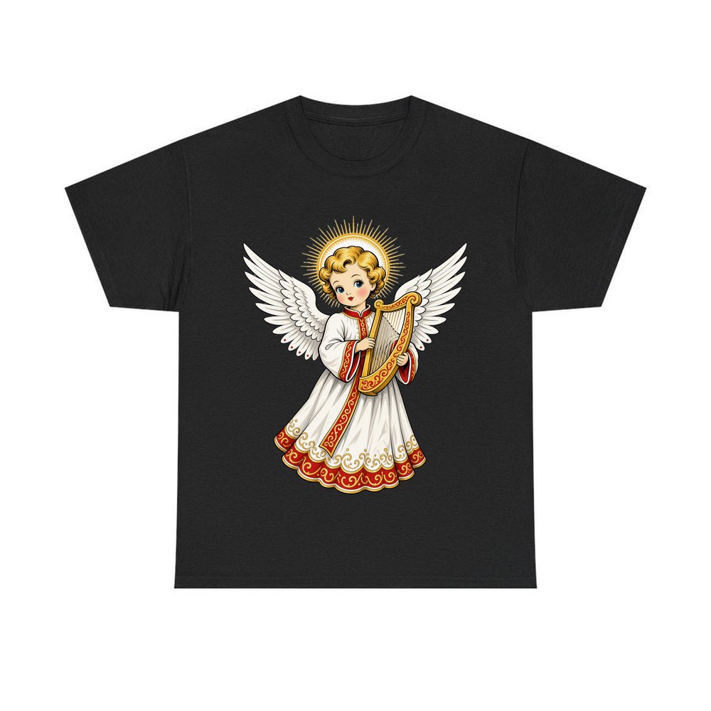 Vintage Angel With Harp personalised Christmas T-shirt in black