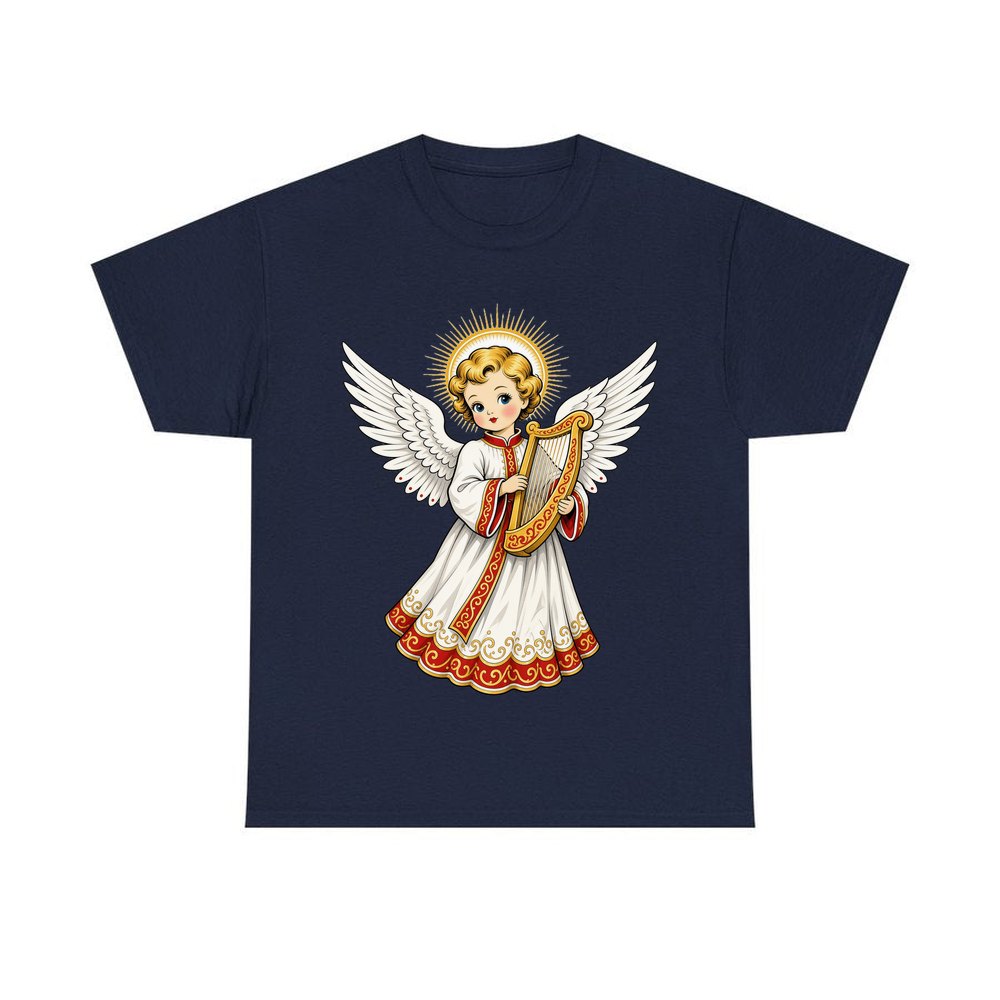 Vintage Angel With Harp personalised Christmas T-shirt in navy