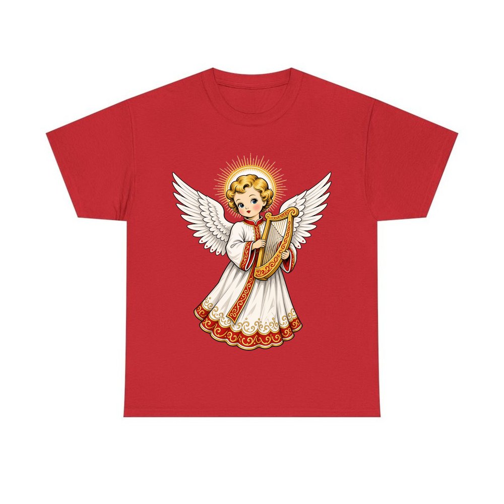 Vintage Angel With Harp personalised Christmas T-shirt in red