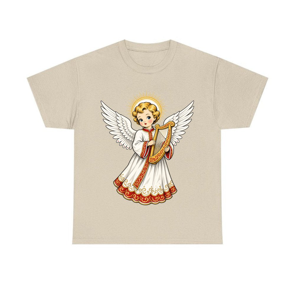 Vintage Angel With Harp personalised Christmas T-shirt in sand