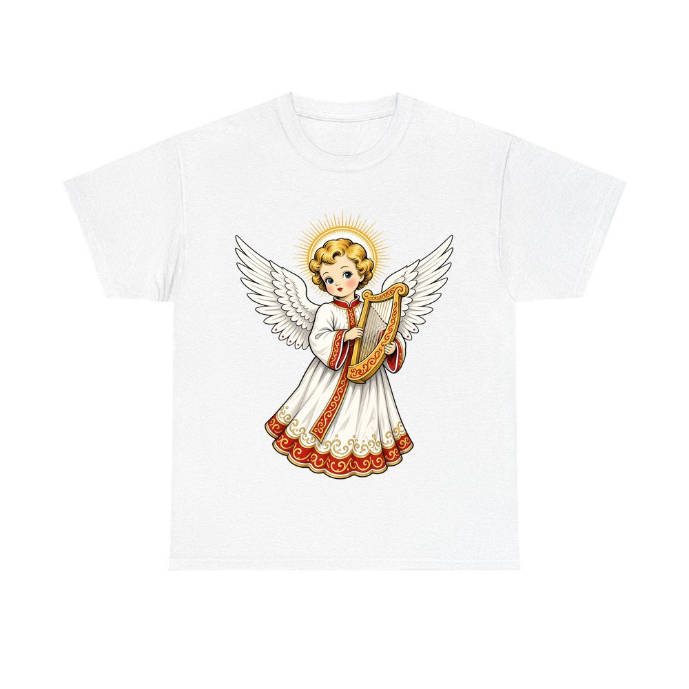 Vintage Angel With Harp personalised Christmas T-shirt in white