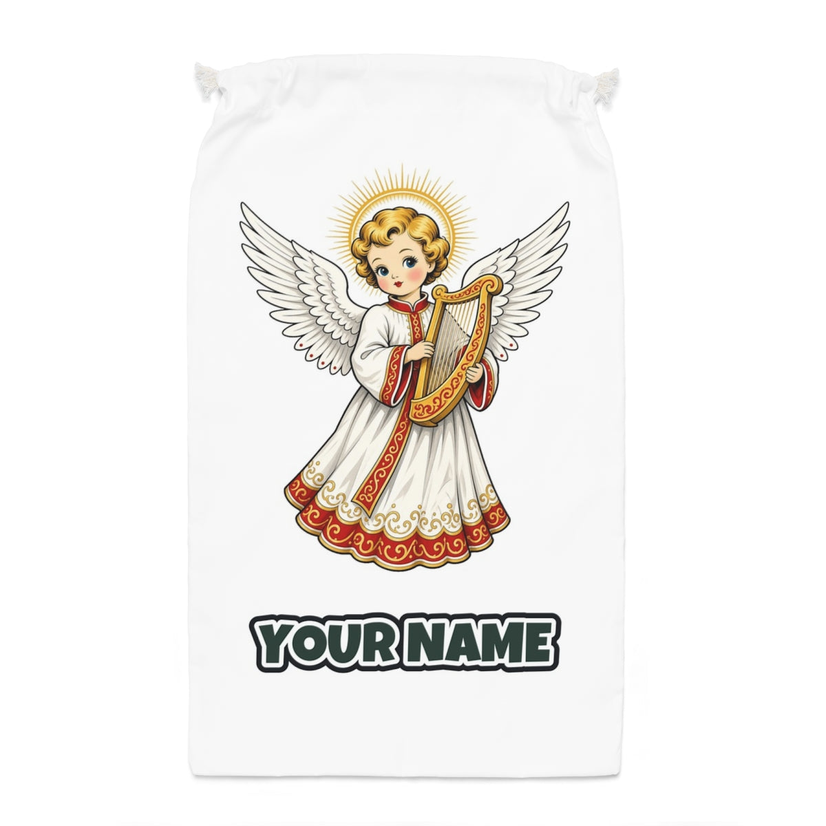 Vintage Angel With Harp Santa sack laid flat, showing the full print