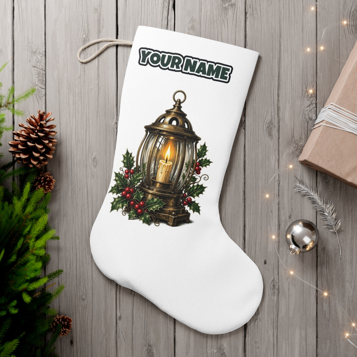 Vintage Brass Christmas Lantern personalised Christmas stocking, white, with the name across the top