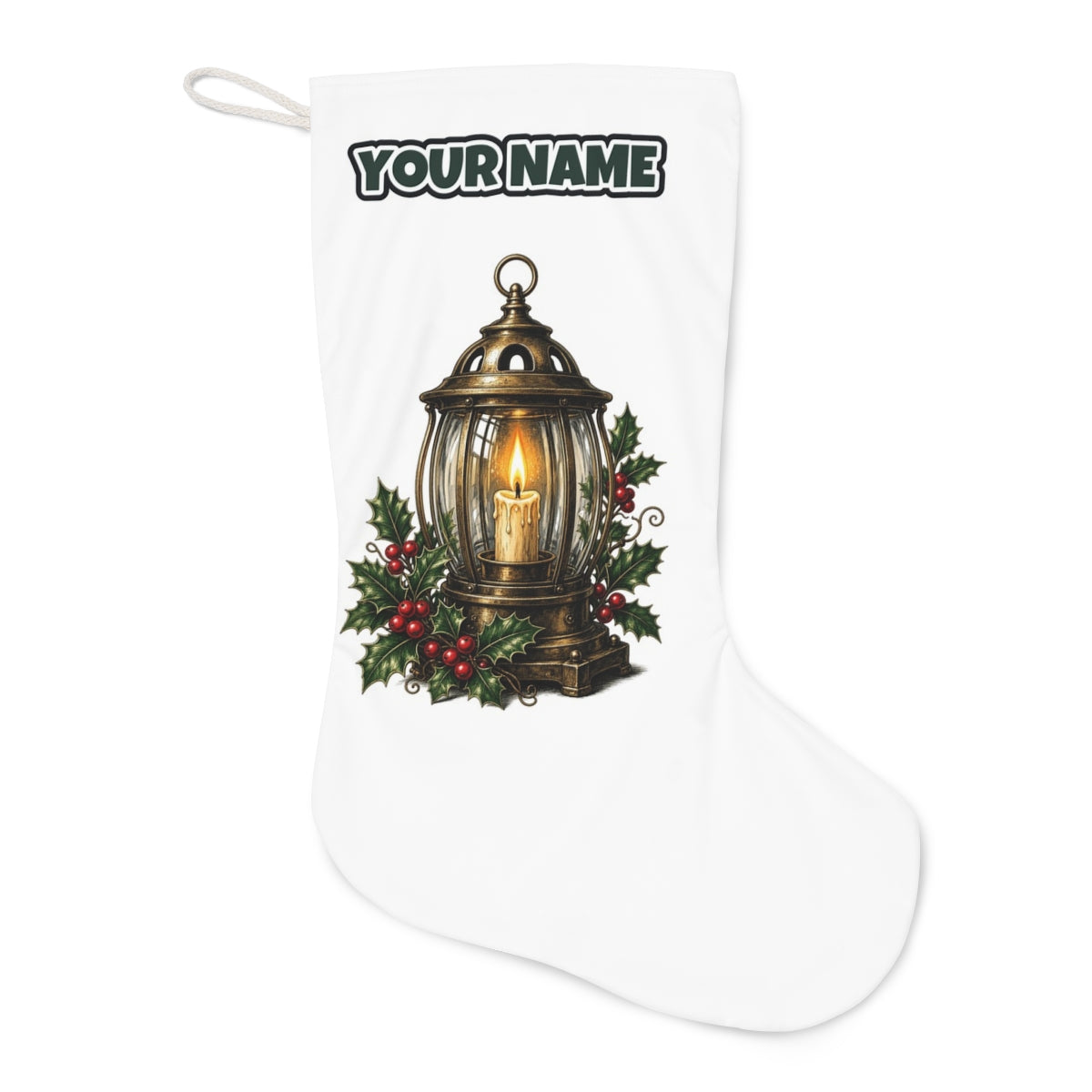 Vintage Brass Christmas Lantern Christmas stocking laid flat, showing the full print