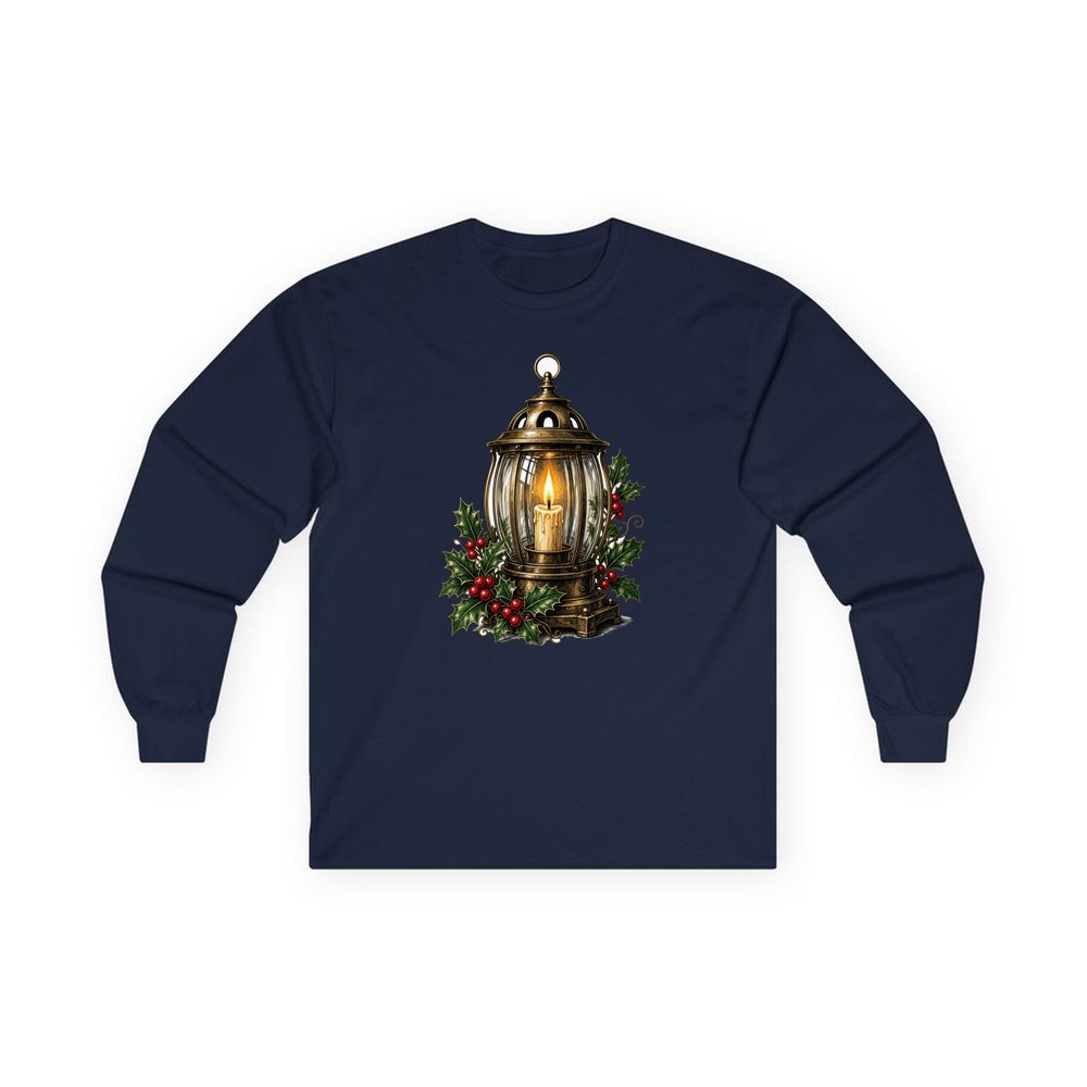 Vintage Brass Christmas Lantern personalised long sleeve Christmas T-shirt in navy