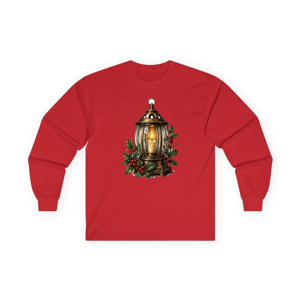 Vintage Brass Christmas Lantern personalised long sleeve Christmas T-shirt in red