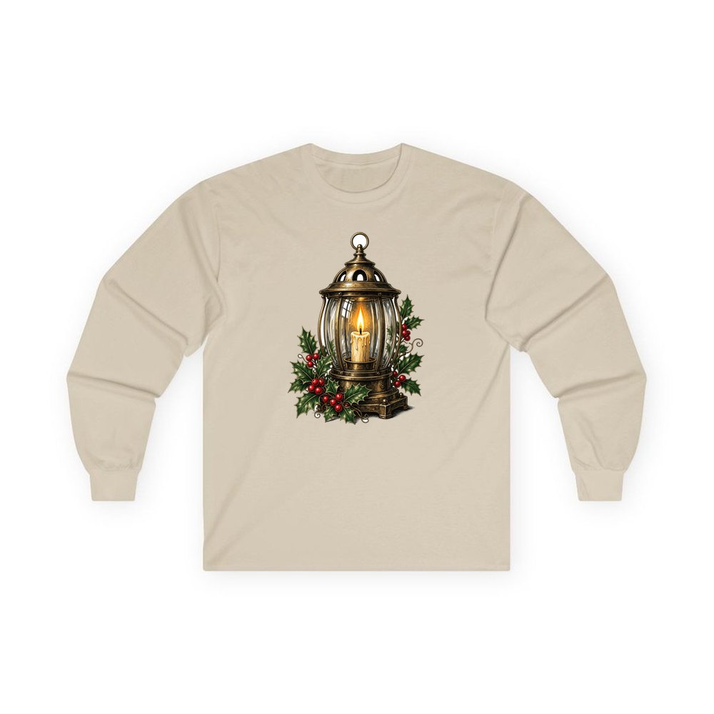 Vintage Brass Christmas Lantern personalised long sleeve Christmas T-shirt in sand