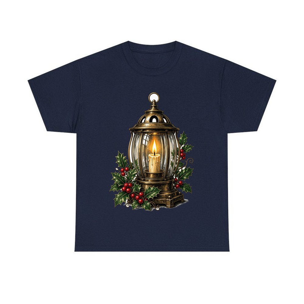 Vintage Brass Christmas Lantern personalised Christmas T-shirt in navy
