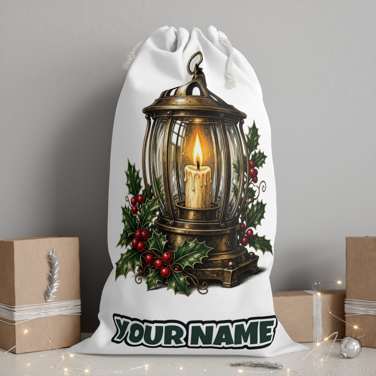 Vintage Brass Christmas Lantern personalised Santa sack, white, with the name printed under the artwork