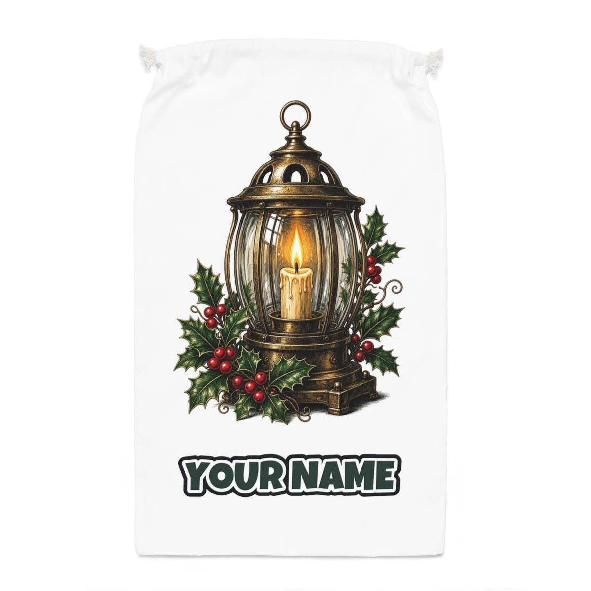 Vintage Brass Christmas Lantern Santa sack laid flat, showing the full print