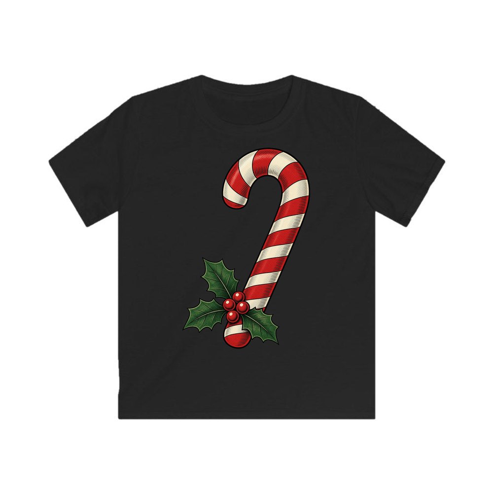 Vintage Candy Cane With Holly personalised kids Christmas tee in black