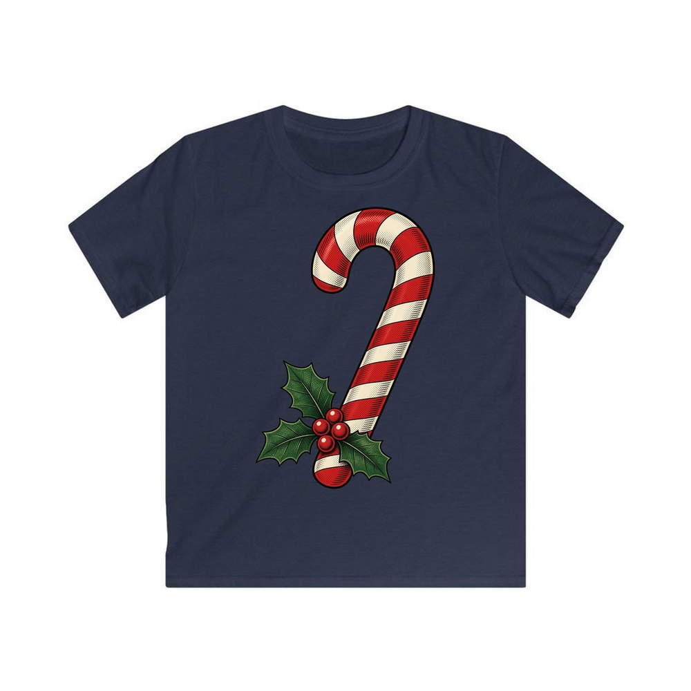 Vintage Candy Cane With Holly personalised kids Christmas tee in navy