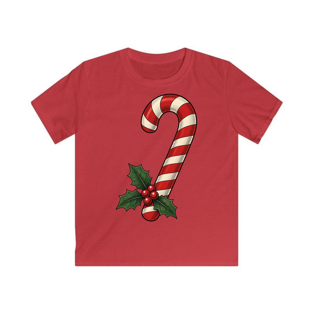 Vintage Candy Cane With Holly personalised kids Christmas tee in red