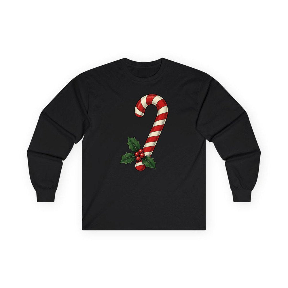 Vintage Candy Cane With Holly personalised long sleeve Christmas T-shirt in black