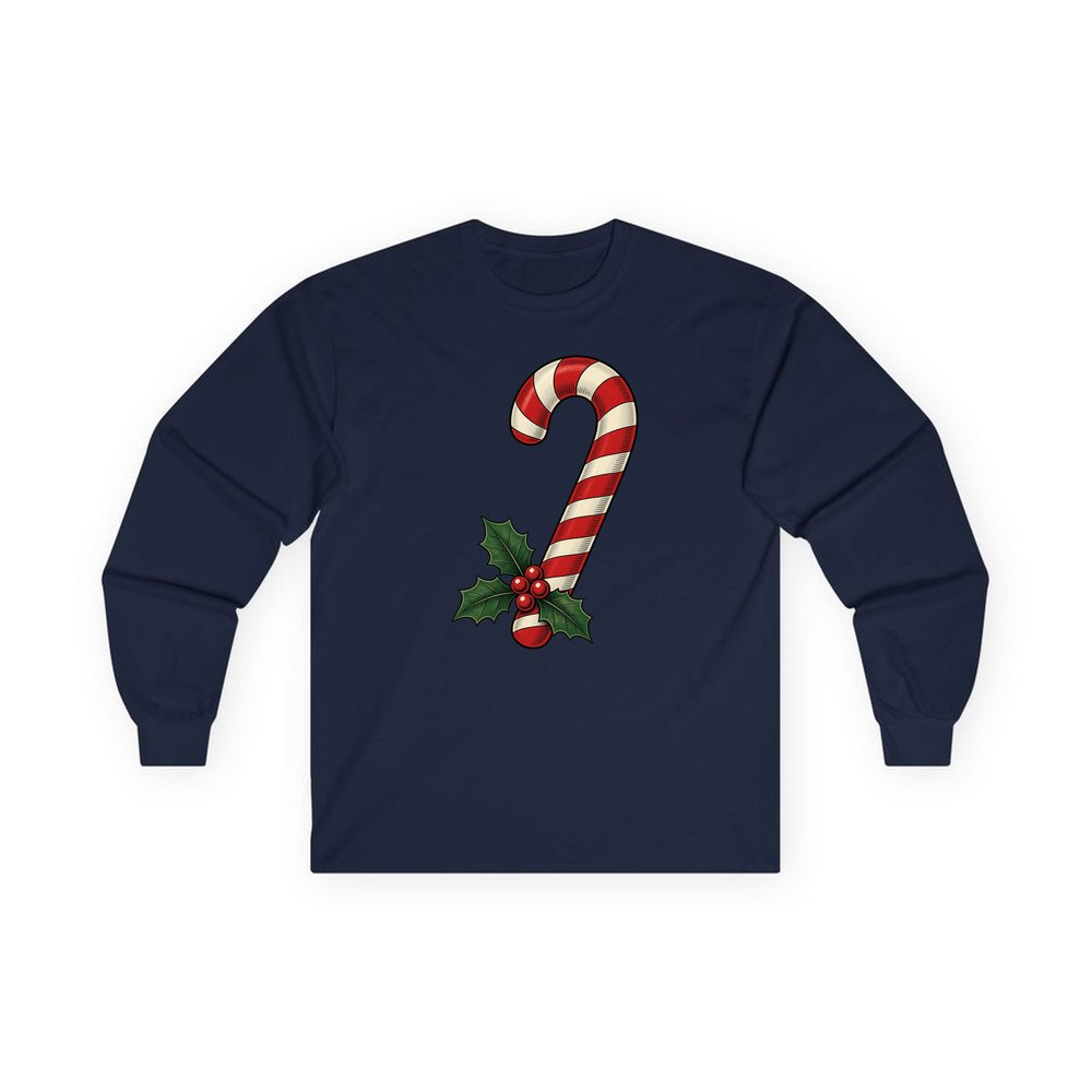 Vintage Candy Cane With Holly personalised long sleeve Christmas T-shirt in navy