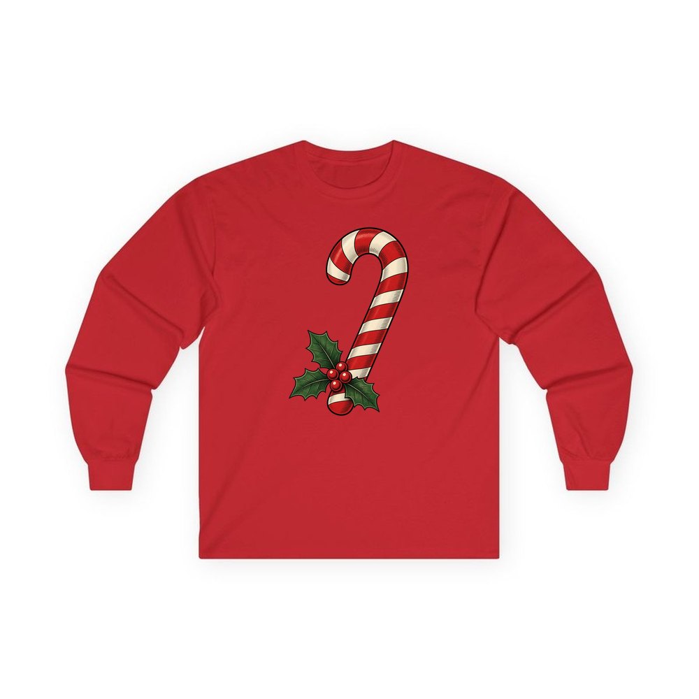 Vintage Candy Cane With Holly personalised long sleeve Christmas T-shirt in red
