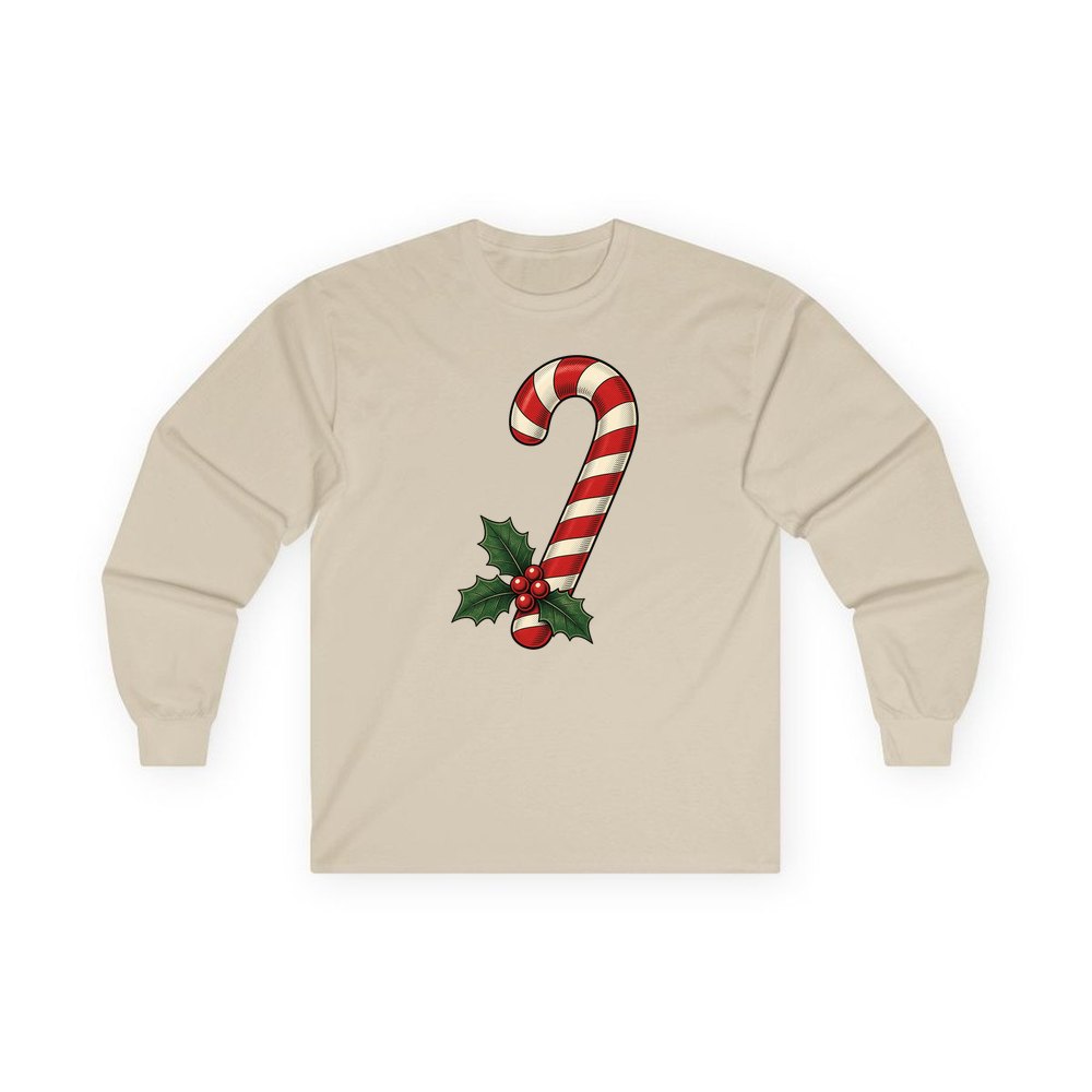 Vintage Candy Cane With Holly personalised long sleeve Christmas T-shirt in sand