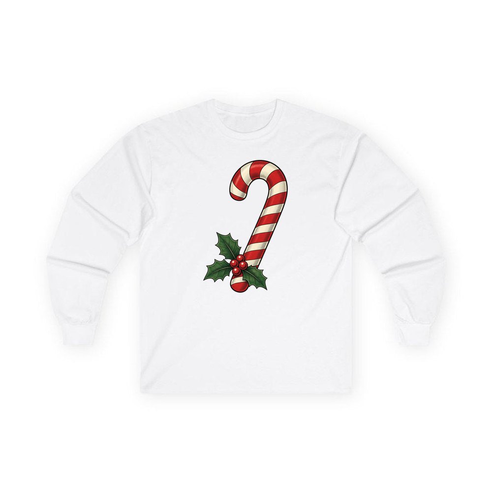 Vintage Candy Cane With Holly personalised long sleeve Christmas T-shirt in white