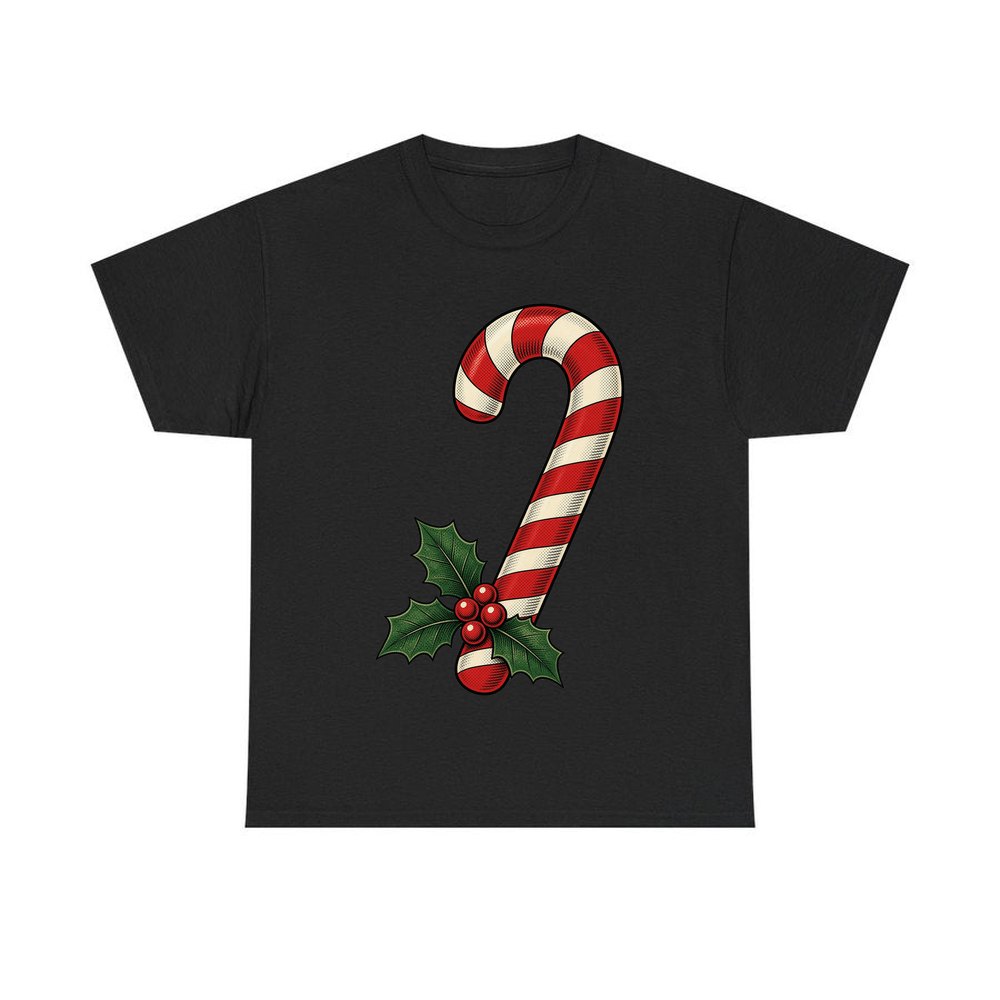 Vintage Candy Cane With Holly personalised Christmas T-shirt in black