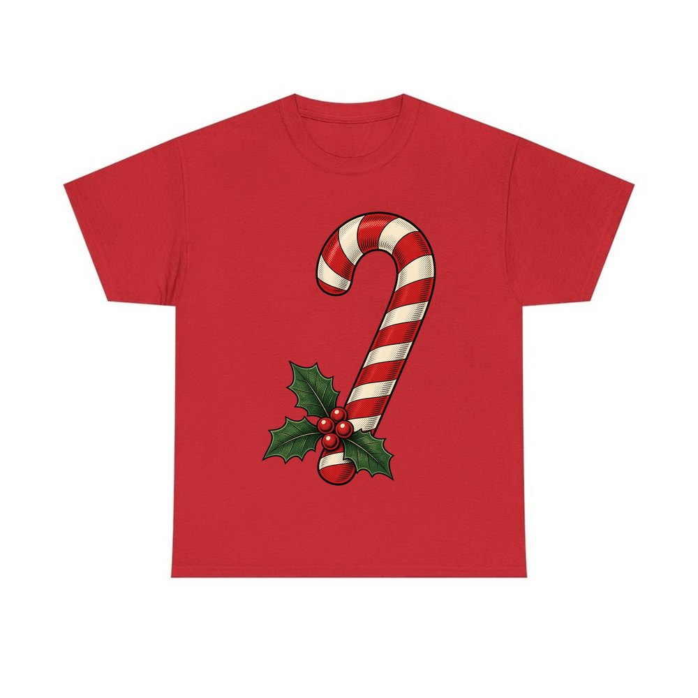 Vintage Candy Cane With Holly personalised Christmas T-shirt in red