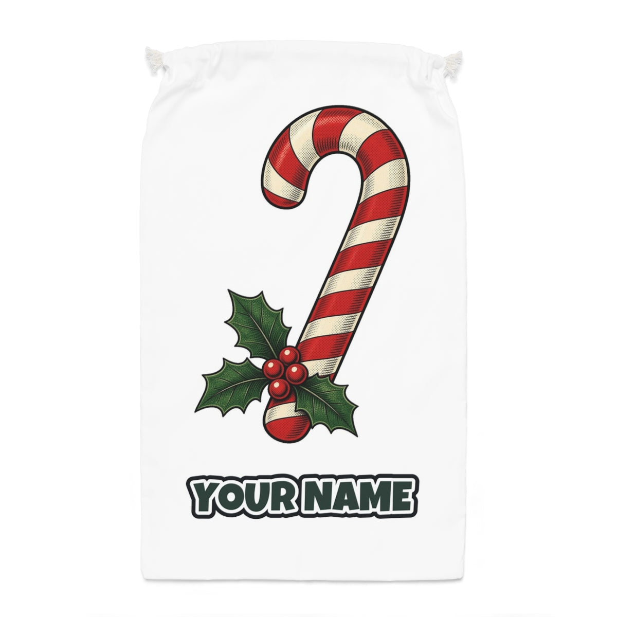 Vintage Candy Cane With Holly Santa sack laid flat, showing the full print