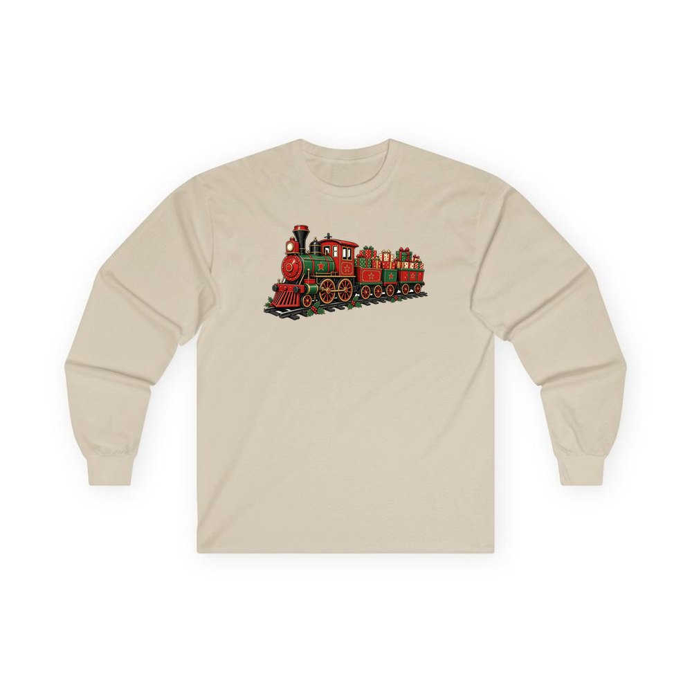 Vintage Christmas Train personalised long sleeve Christmas T-shirt in sand