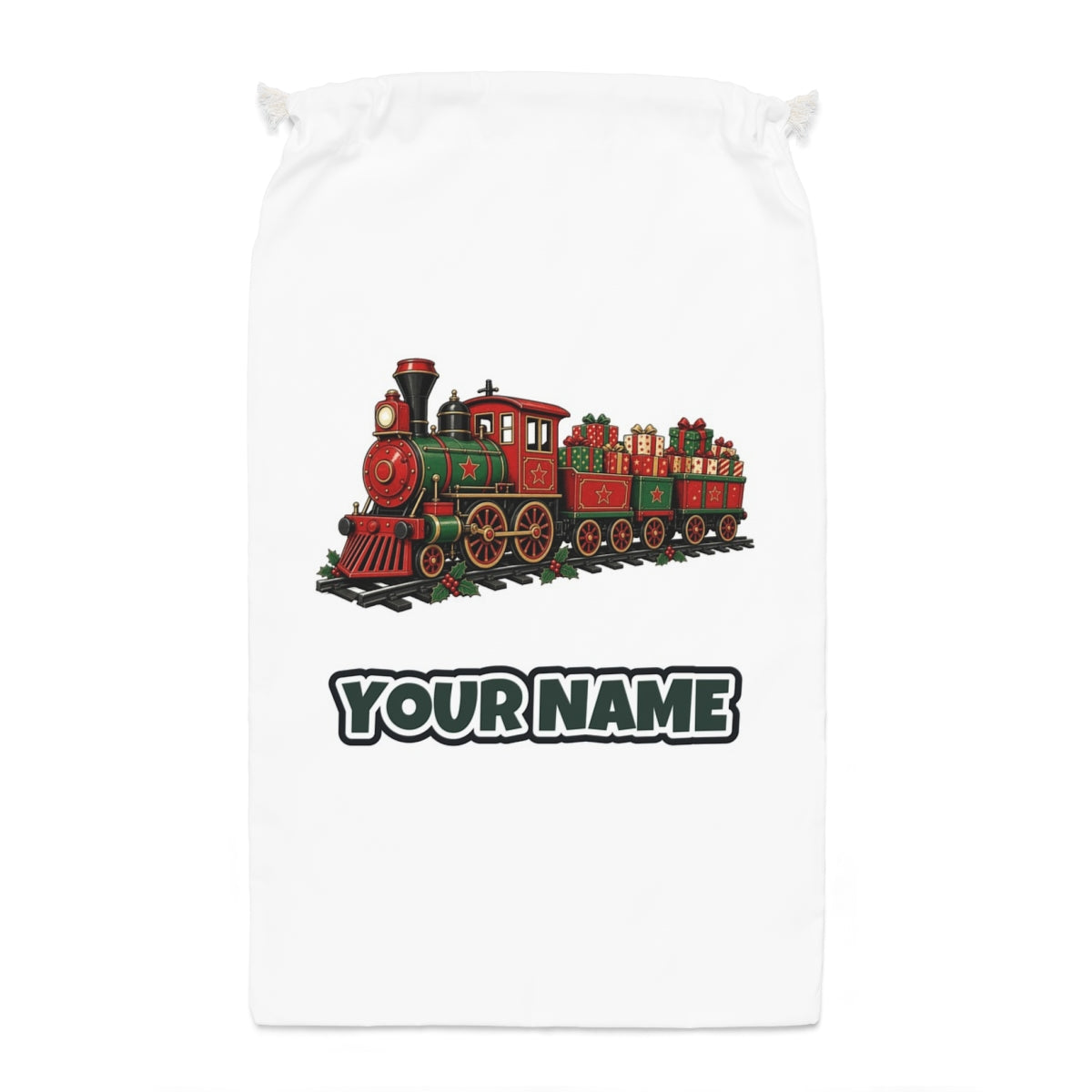 Vintage Christmas Train Santa sack laid flat, showing the full print