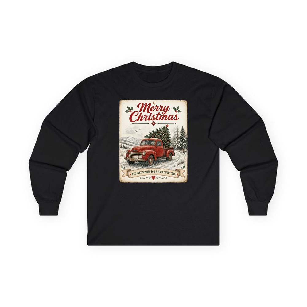 Vintage Christmas Truck Sign personalised long sleeve Christmas T-shirt in black