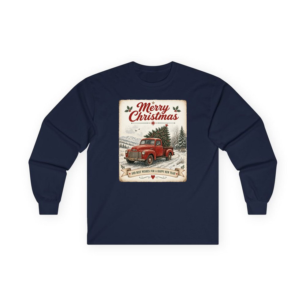 Vintage Christmas Truck Sign personalised long sleeve Christmas T-shirt in navy