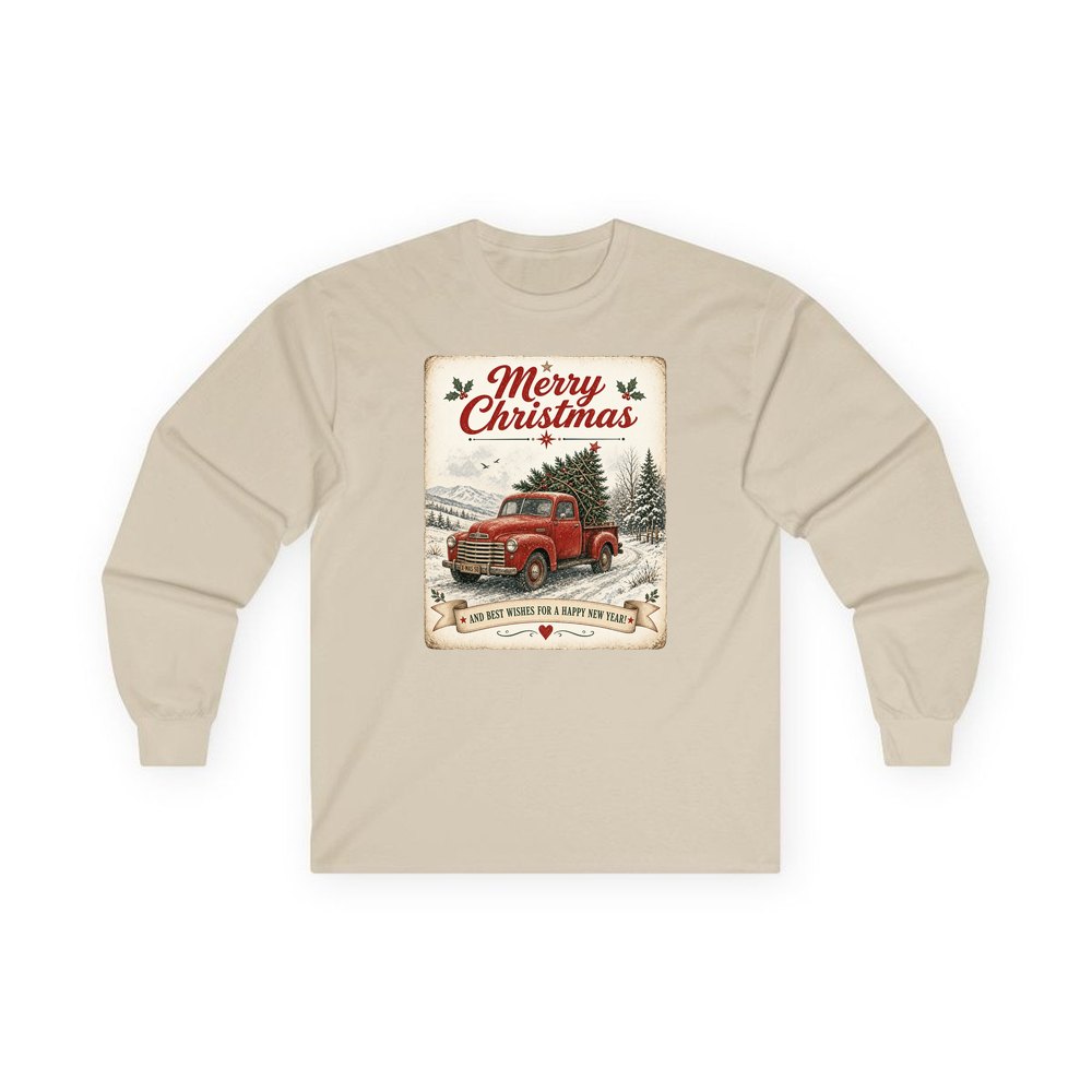 Vintage Christmas Truck Sign personalised long sleeve Christmas T-shirt in sand