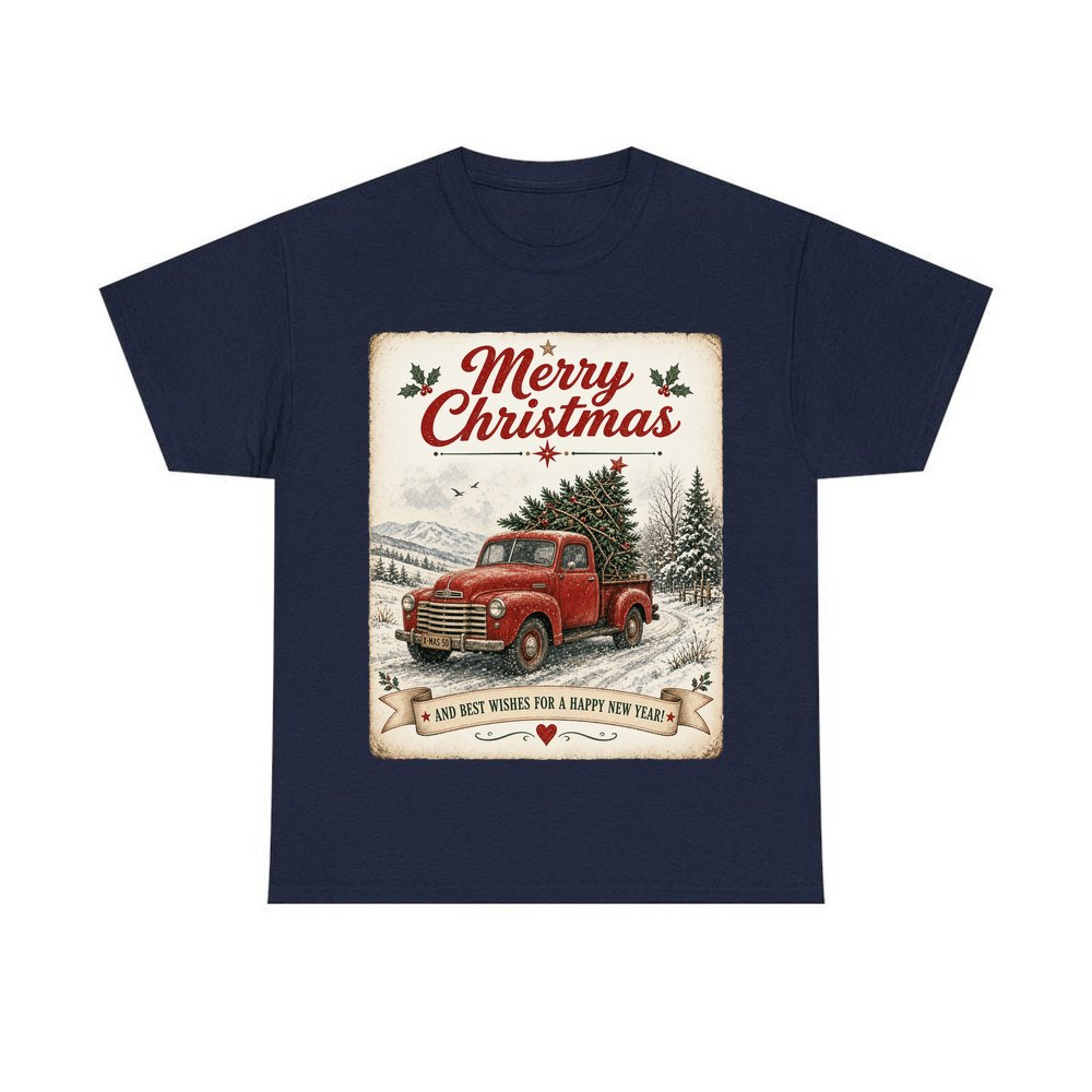 Vintage Christmas Truck Sign personalised Christmas T-shirt in navy