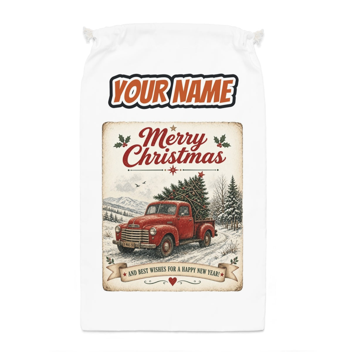 Vintage Christmas Truck Sign Santa sack laid flat, showing the full print