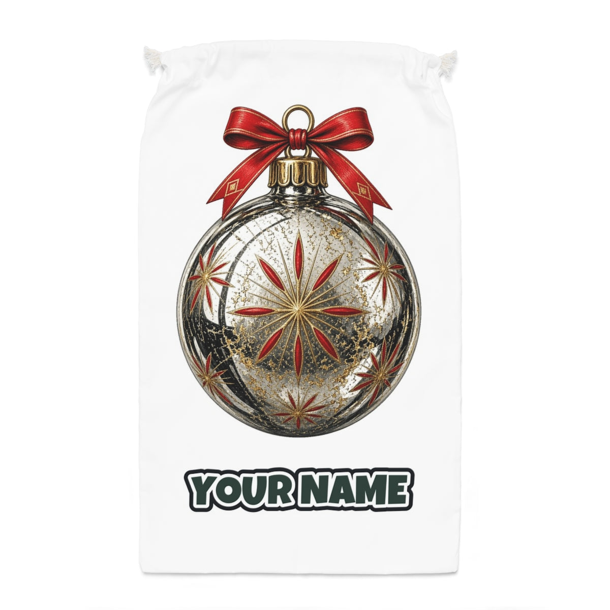 Vintage Silver Bauble Santa sack laid flat, showing the full print