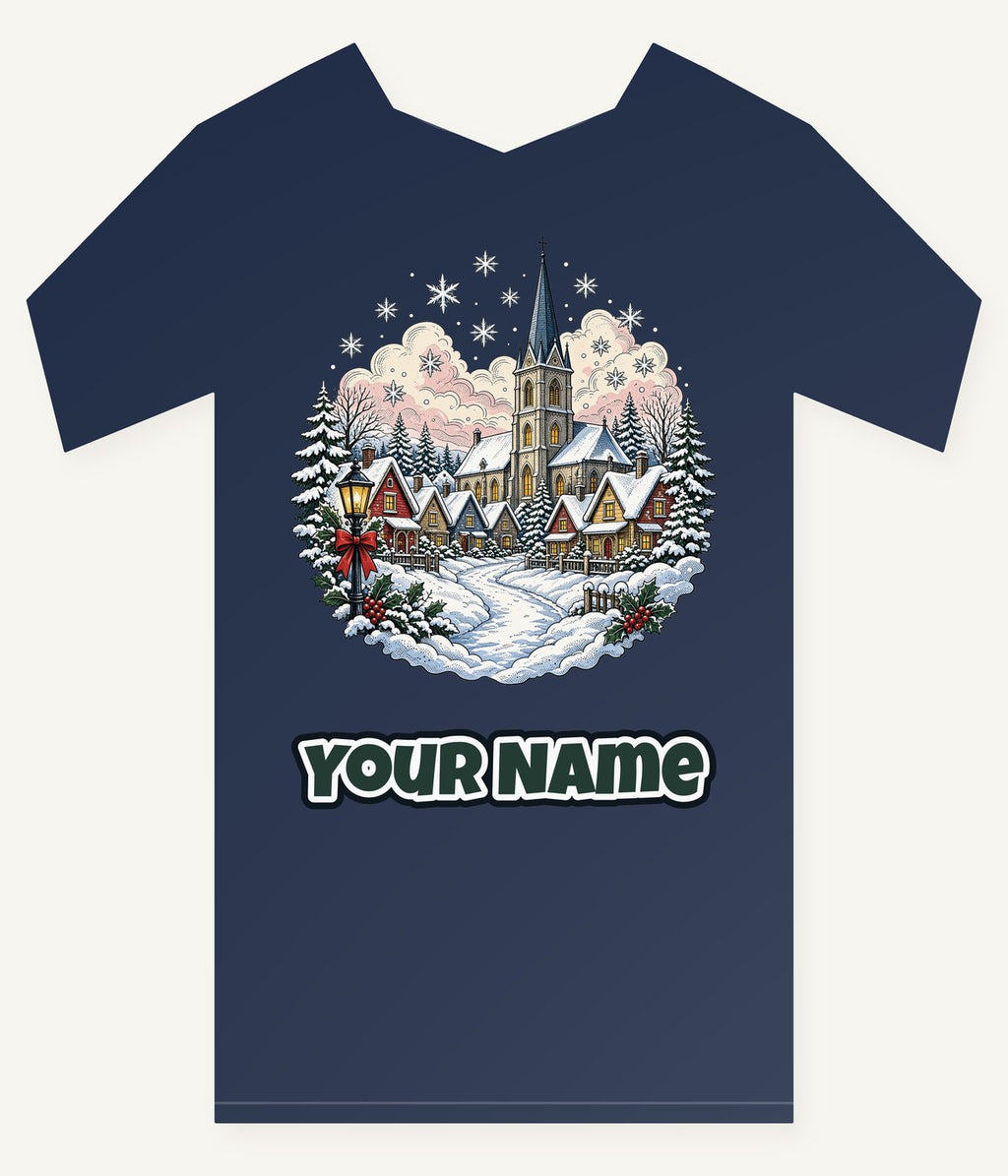 Vintage Snowy Village Church Personalised Kids Tee and Baby Bodysuit