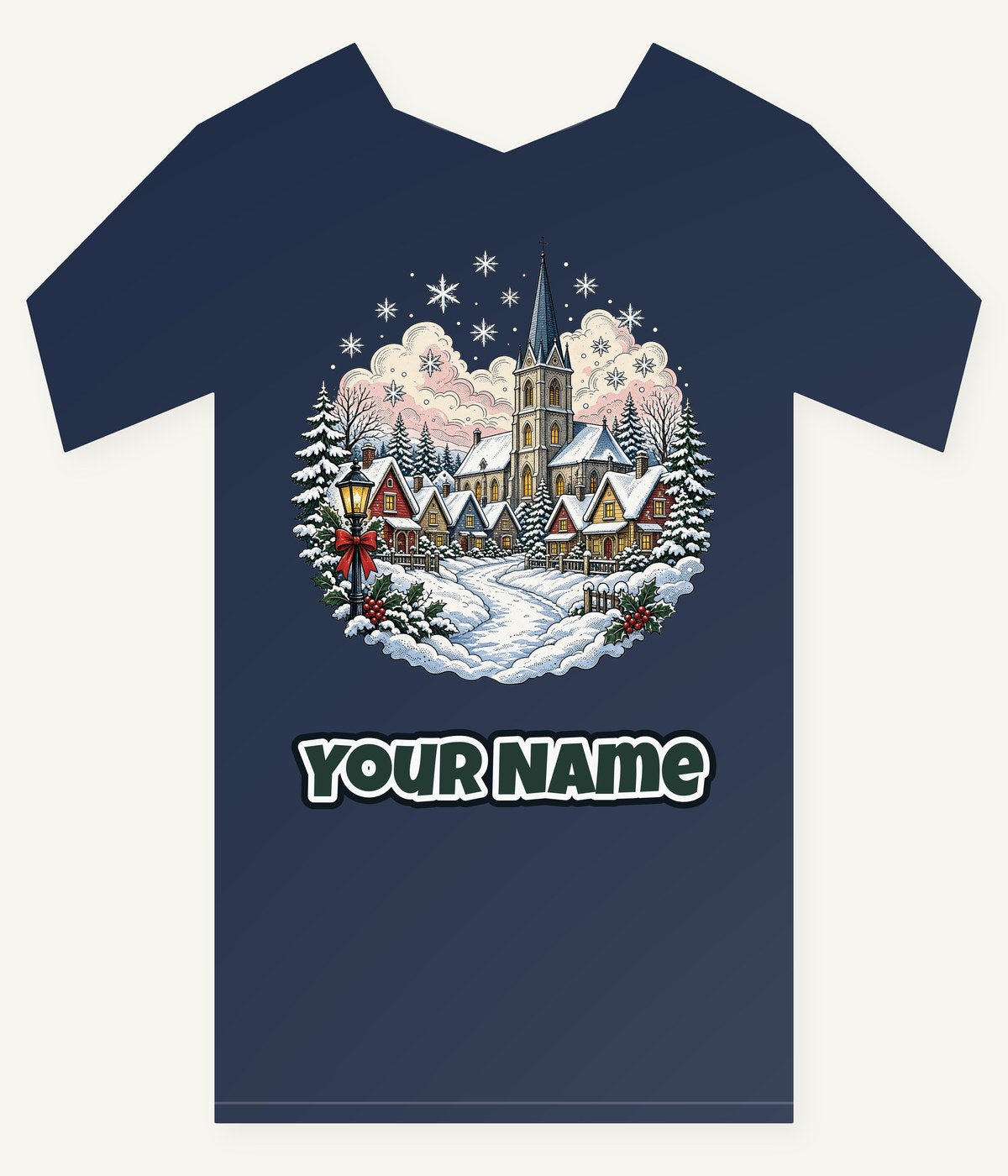 Vintage Snowy Village Church Personalised Kids Tee and Baby Bodysuit